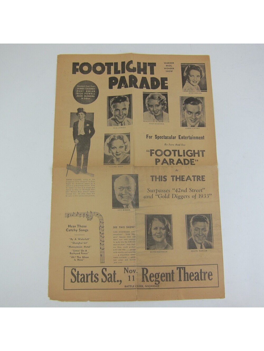 Footlight Parade Movie Musical Promo Paper Regent Theater Michigan Vintage 1933